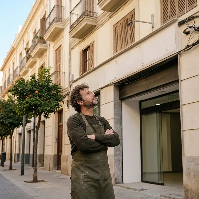 Hombre de unos cuarenta años con delantal mirando desde la acera la fachada de su tienda recién reformada, aún sin rótulo, en una calle de Valencia