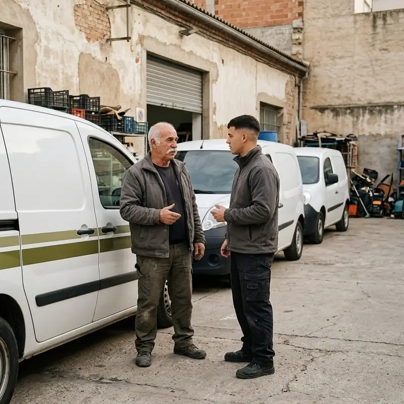 Dos trabajadores de distintas edades junto a tres furgonetas blancas aparcadas en fila delante de un almacén, una de ellas ya con vinilos verdes lisos