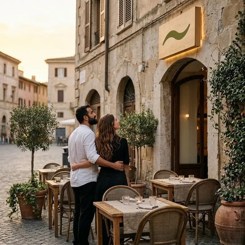 Pareja de unos treinta y cinco años en la terraza de su restaurante al atardecer mirando hacia la fachada con un rótulo encendido sin letras legibles