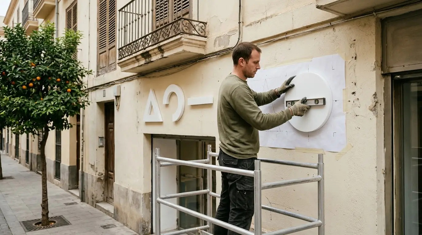 Operario con guantes colocando con un nivel una pieza corpórea redonda sobre una plantilla de papel en la fachada clara de un local, junto a otras piezas geométricas ya puestas