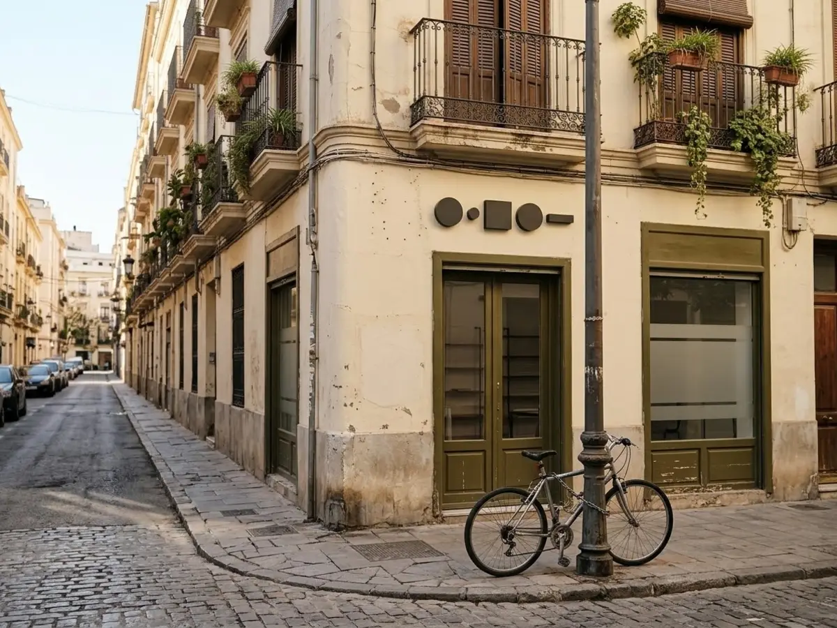 Fachada de un pequeño local de esquina en un barrio de Valencia con piezas corpóreas oscuras sobre la pared clara y carpintería verde oliva