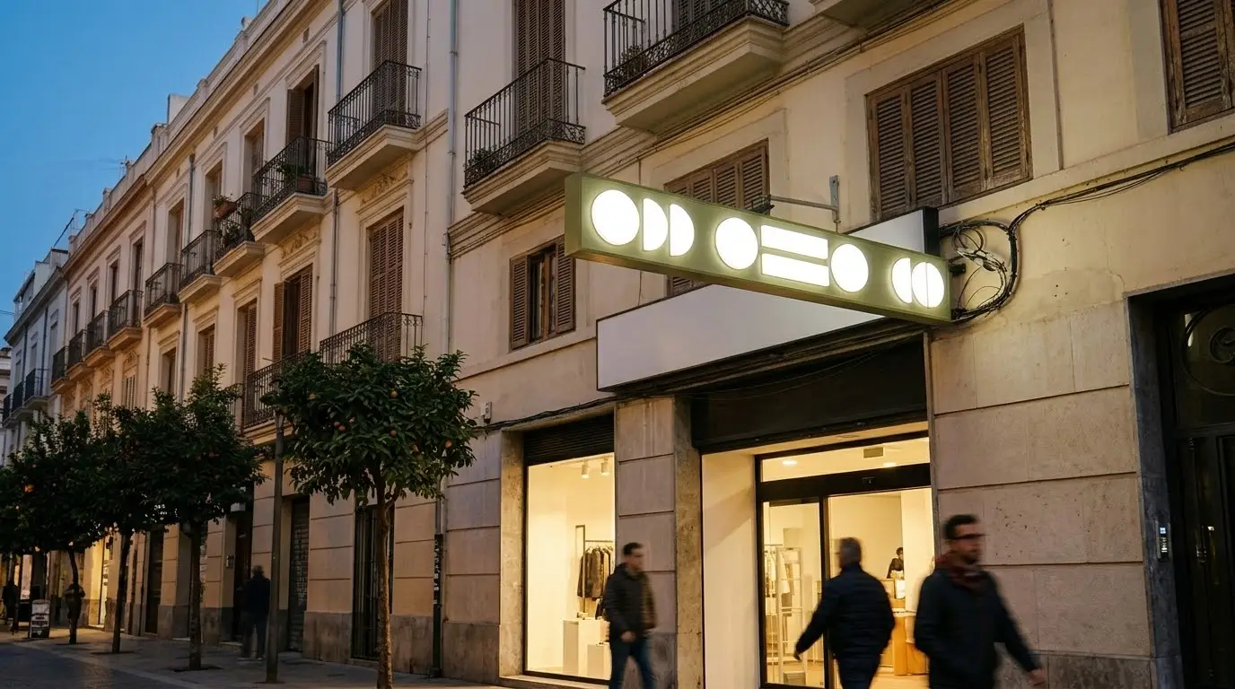 Calle comercial de Valencia con balcones de hierro y una tienda con un rótulo luminoso encendido de formas geométricas blancas sobre fondo verde, y gente paseando desenfocada