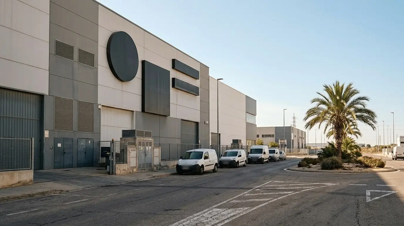 Calle de un polígono industrial del área de Valencia a media mañana, con una nave gris y blanca rotulada con formas corpóreas grandes, furgonetas blancas aparcadas y una palmera