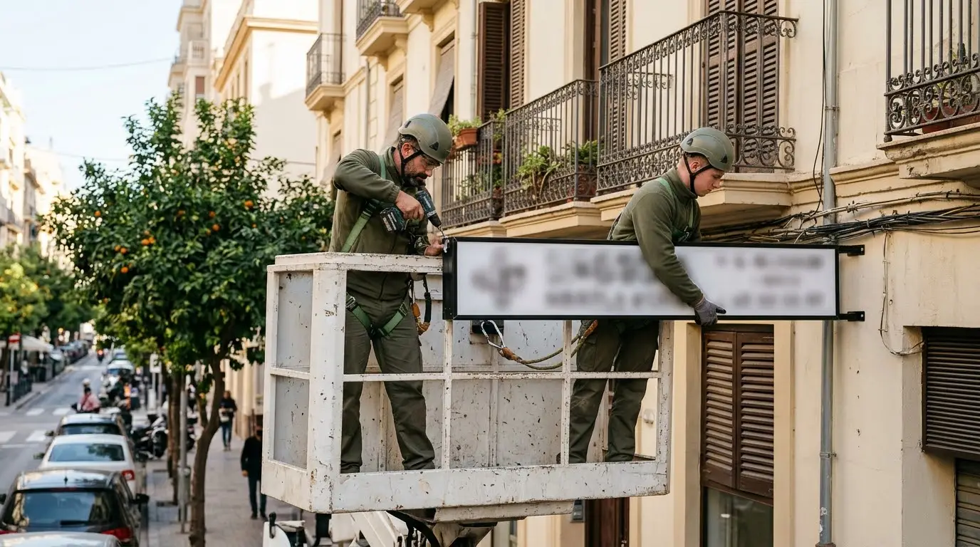 Dos operarios con casco y arnés colocando desde una plataforma elevadora un rótulo luminoso sin letras legibles sobre la fachada de un local en una calle comercial de Valencia