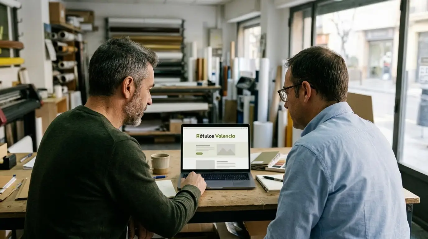 Dos socios de unos cuarenta años sentados en la mesa de su pequeño local mirando en el portátil la web de Rótulos Valencia
