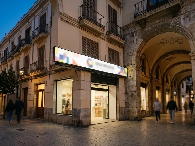 Fachada de un local comercial al anochecer con un rótulo luminoso blanco encendido de letras sin leer, en una calle con soportales
