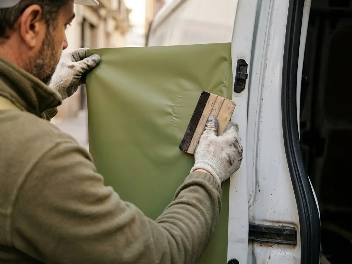 Manos con guantes de un rotulista alisando con una espátula de fieltro un vinilo verde liso sobre la puerta trasera de una furgoneta blanca, sin letras